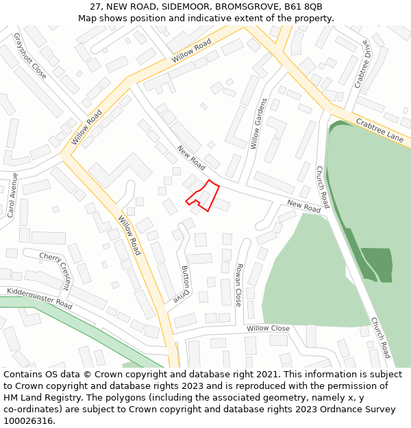 27, NEW ROAD, SIDEMOOR, BROMSGROVE, B61 8QB: Location map and indicative extent of plot