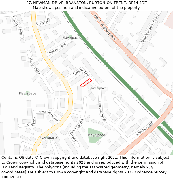 27, NEWMAN DRIVE, BRANSTON, BURTON-ON-TRENT, DE14 3DZ: Location map and indicative extent of plot