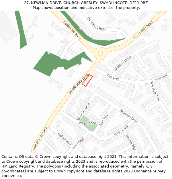 27, NEWMAN DRIVE, CHURCH GRESLEY, SWADLINCOTE, DE11 9RZ: Location map and indicative extent of plot