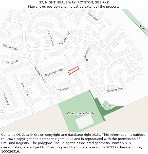 27, NIGHTINGALE WAY, ROYSTON, SG8 7XZ: Location map and indicative extent of plot