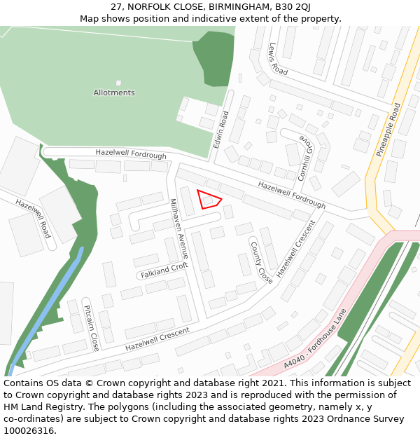 27, NORFOLK CLOSE, BIRMINGHAM, B30 2QJ: Location map and indicative extent of plot