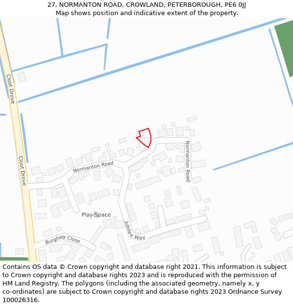 27, NORMANTON ROAD, CROWLAND, PETERBOROUGH, PE6 0JJ: Location map and indicative extent of plot