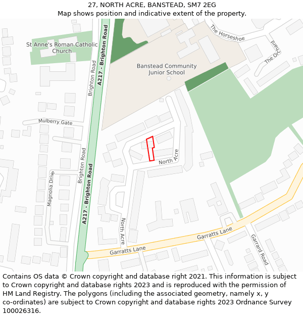 27, NORTH ACRE, BANSTEAD, SM7 2EG: Location map and indicative extent of plot