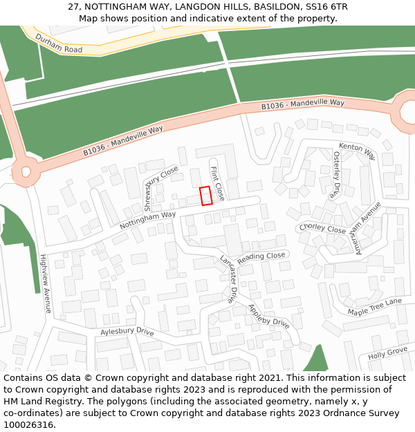 27, NOTTINGHAM WAY, LANGDON HILLS, BASILDON, SS16 6TR: Location map and indicative extent of plot