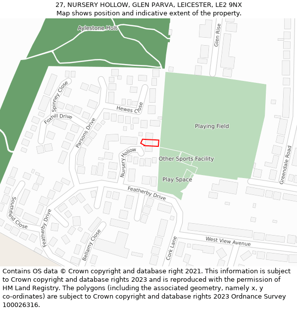 27, NURSERY HOLLOW, GLEN PARVA, LEICESTER, LE2 9NX: Location map and indicative extent of plot