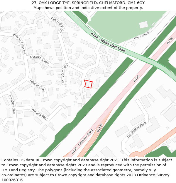 27, OAK LODGE TYE, SPRINGFIELD, CHELMSFORD, CM1 6GY: Location map and indicative extent of plot