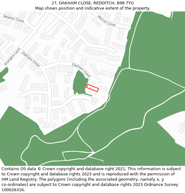 27, OAKHAM CLOSE, REDDITCH, B98 7YG: Location map and indicative extent of plot