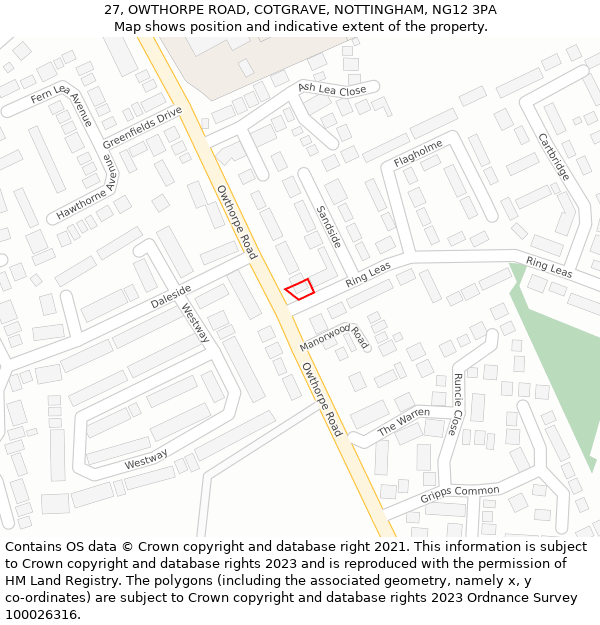 27, OWTHORPE ROAD, COTGRAVE, NOTTINGHAM, NG12 3PA: Location map and indicative extent of plot