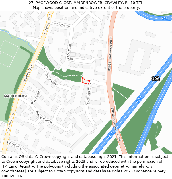 27, PAGEWOOD CLOSE, MAIDENBOWER, CRAWLEY, RH10 7ZL: Location map and indicative extent of plot