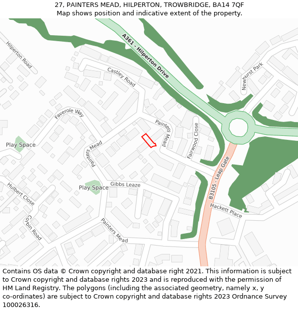 27, PAINTERS MEAD, HILPERTON, TROWBRIDGE, BA14 7QF: Location map and indicative extent of plot