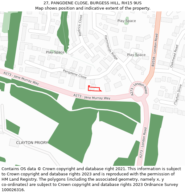 27, PANGDENE CLOSE, BURGESS HILL, RH15 9US: Location map and indicative extent of plot