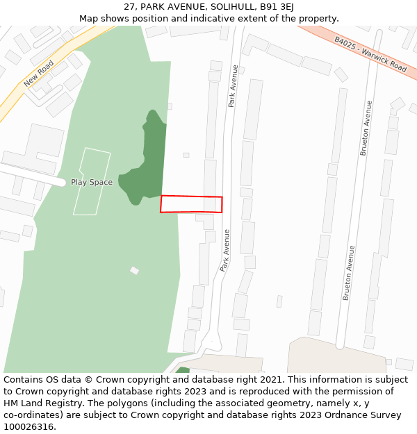 27, PARK AVENUE, SOLIHULL, B91 3EJ: Location map and indicative extent of plot