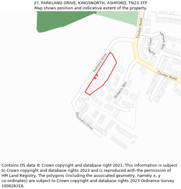 27, PARKLAND DRIVE, KINGSNORTH, ASHFORD, TN23 3TP: Location map and indicative extent of plot