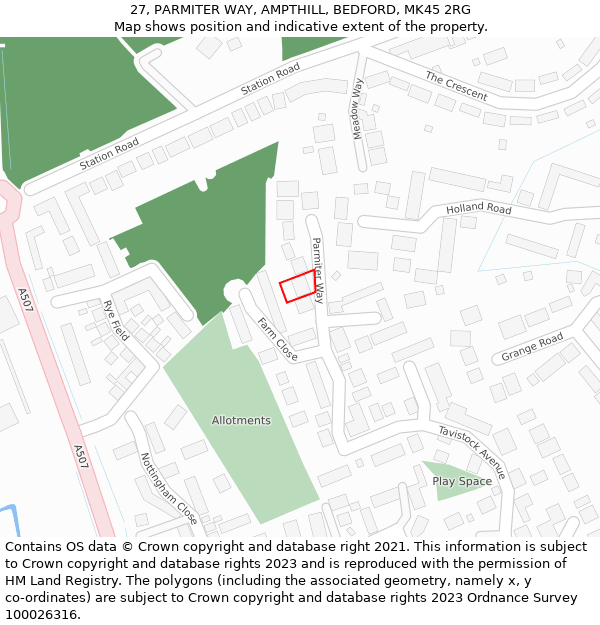 27, PARMITER WAY, AMPTHILL, BEDFORD, MK45 2RG: Location map and indicative extent of plot