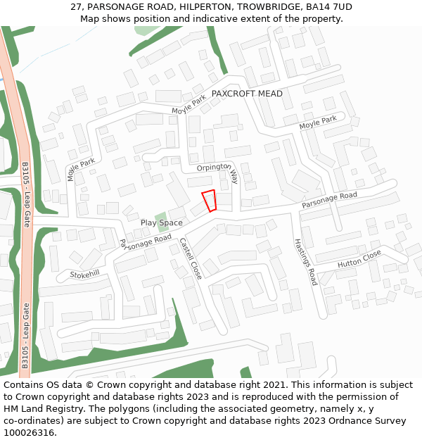 27, PARSONAGE ROAD, HILPERTON, TROWBRIDGE, BA14 7UD: Location map and indicative extent of plot