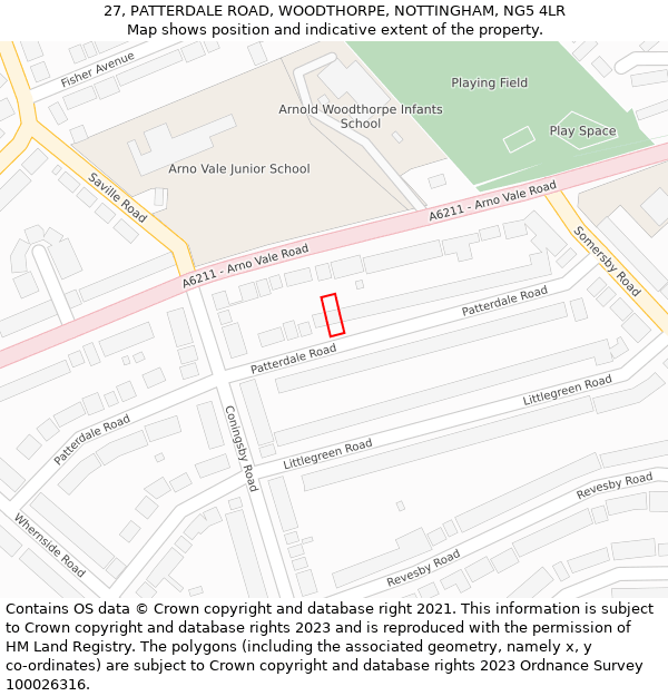 27, PATTERDALE ROAD, WOODTHORPE, NOTTINGHAM, NG5 4LR: Location map and indicative extent of plot