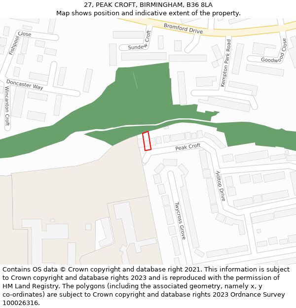 27, PEAK CROFT, BIRMINGHAM, B36 8LA: Location map and indicative extent of plot