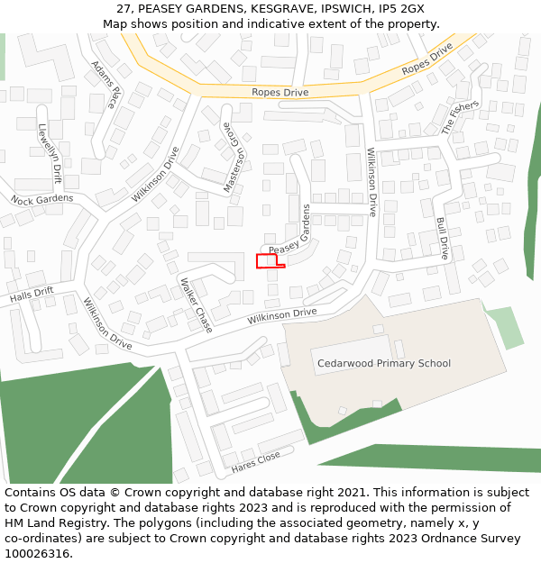 27, PEASEY GARDENS, KESGRAVE, IPSWICH, IP5 2GX: Location map and indicative extent of plot