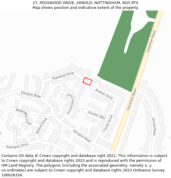 27, PEGSWOOD DRIVE, ARNOLD, NOTTINGHAM, NG5 8TX: Location map and indicative extent of plot