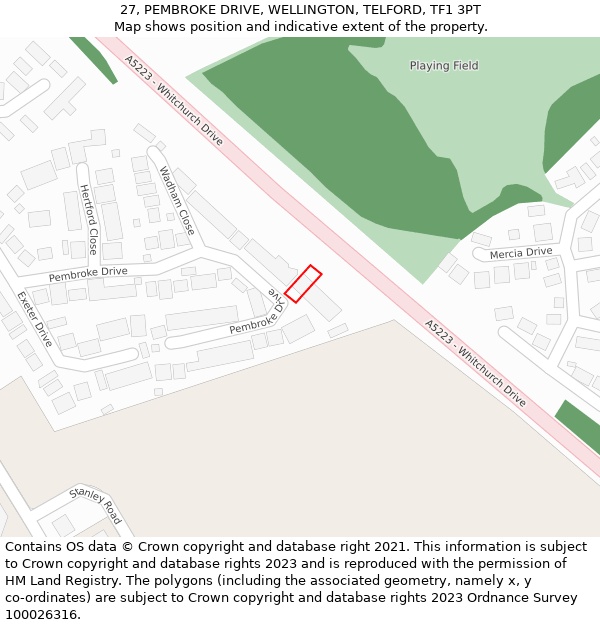 27, PEMBROKE DRIVE, WELLINGTON, TELFORD, TF1 3PT: Location map and indicative extent of plot