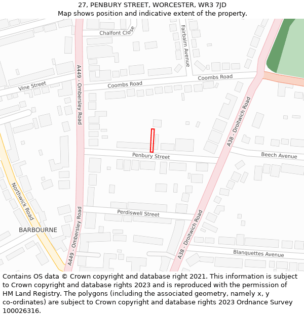 27, PENBURY STREET, WORCESTER, WR3 7JD: Location map and indicative extent of plot