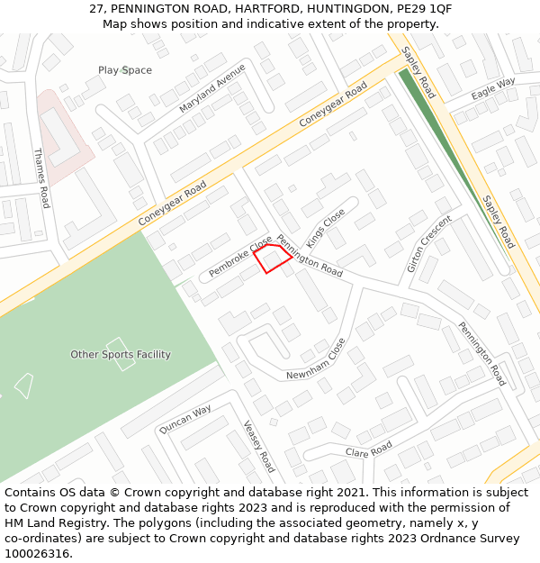 27, PENNINGTON ROAD, HARTFORD, HUNTINGDON, PE29 1QF: Location map and indicative extent of plot