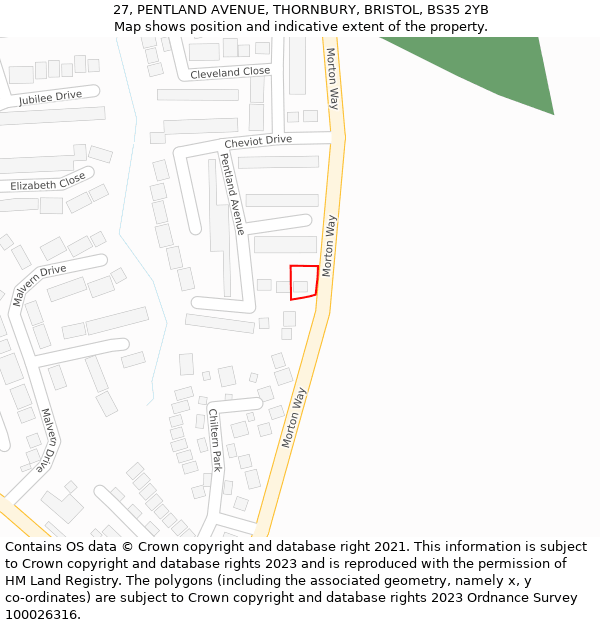 27, PENTLAND AVENUE, THORNBURY, BRISTOL, BS35 2YB: Location map and indicative extent of plot