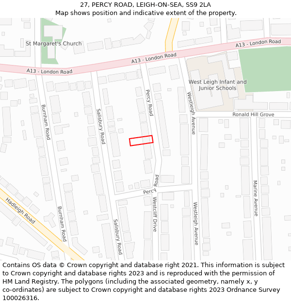 27, PERCY ROAD, LEIGH-ON-SEA, SS9 2LA: Location map and indicative extent of plot