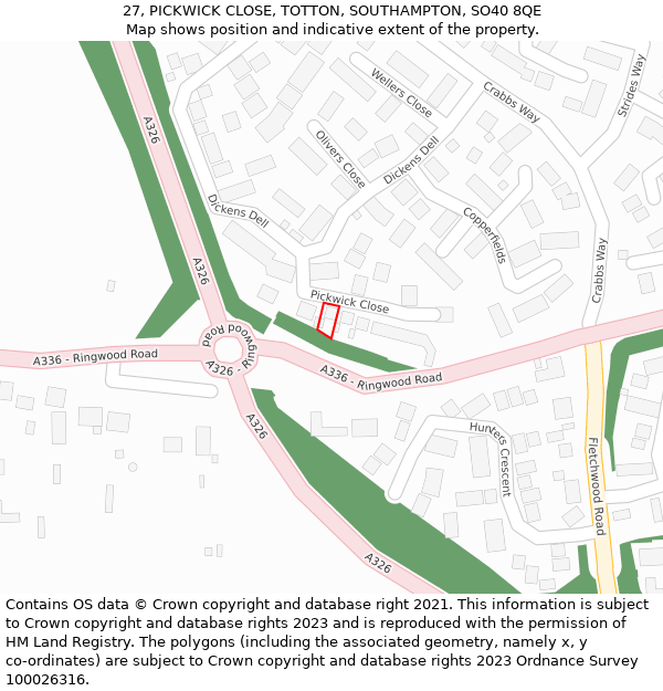 27, PICKWICK CLOSE, TOTTON, SOUTHAMPTON, SO40 8QE: Location map and indicative extent of plot