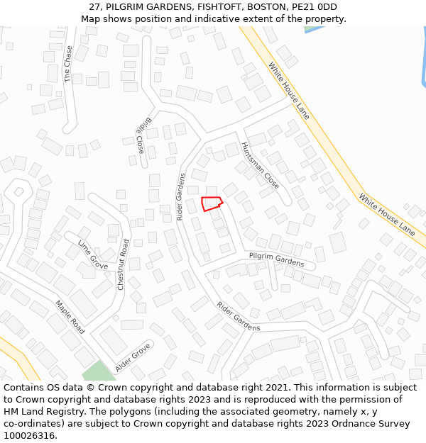 27, PILGRIM GARDENS, FISHTOFT, BOSTON, PE21 0DD: Location map and indicative extent of plot