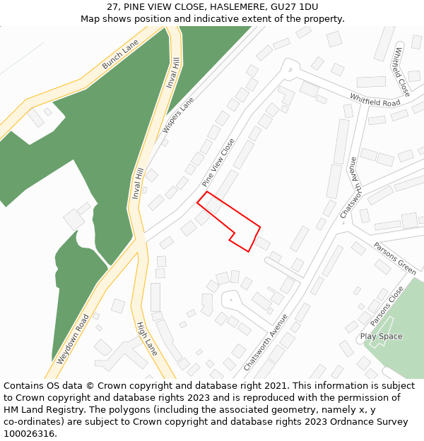 27, PINE VIEW CLOSE, HASLEMERE, GU27 1DU: Location map and indicative extent of plot