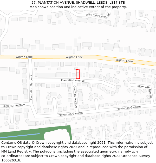 27, PLANTATION AVENUE, SHADWELL, LEEDS, LS17 8TB: Location map and indicative extent of plot
