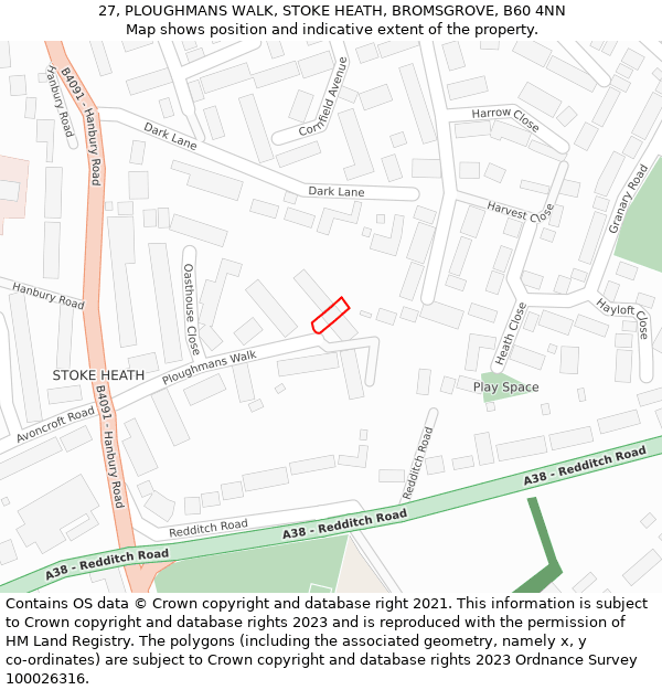 27, PLOUGHMANS WALK, STOKE HEATH, BROMSGROVE, B60 4NN: Location map and indicative extent of plot