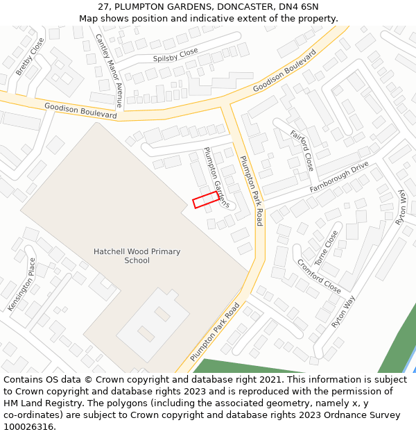 27, PLUMPTON GARDENS, DONCASTER, DN4 6SN: Location map and indicative extent of plot