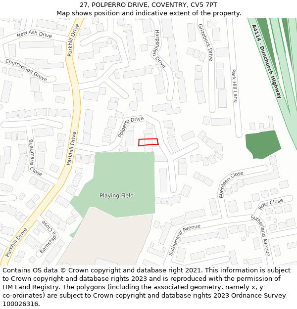 27, POLPERRO DRIVE, COVENTRY, CV5 7PT: Location map and indicative extent of plot