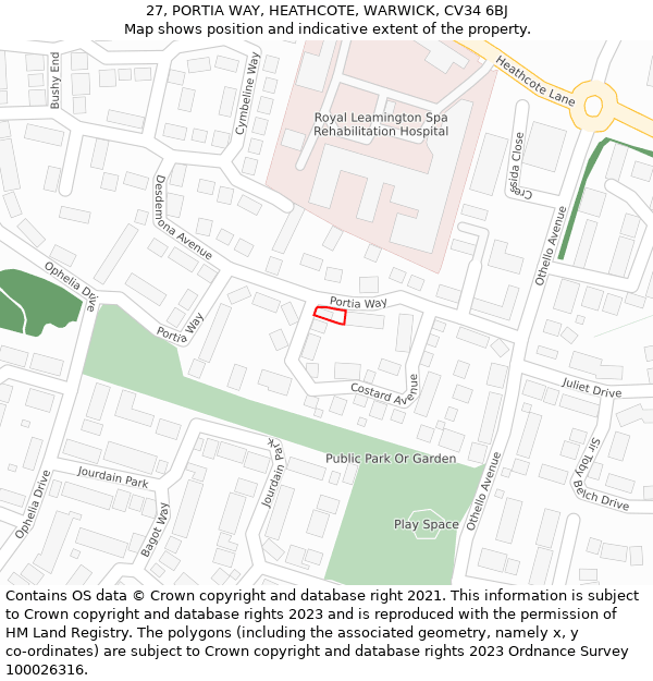 27, PORTIA WAY, HEATHCOTE, WARWICK, CV34 6BJ: Location map and indicative extent of plot