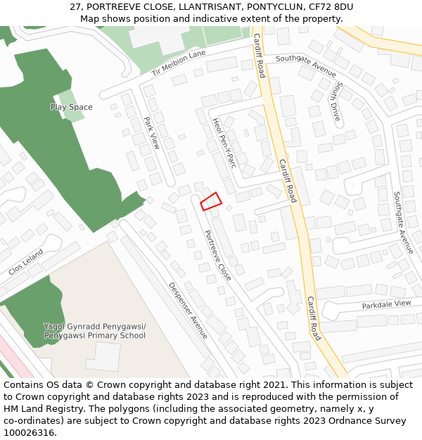 27, PORTREEVE CLOSE, LLANTRISANT, PONTYCLUN, CF72 8DU: Location map and indicative extent of plot