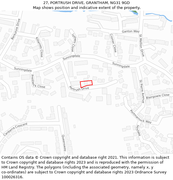 27, PORTRUSH DRIVE, GRANTHAM, NG31 9GD: Location map and indicative extent of plot