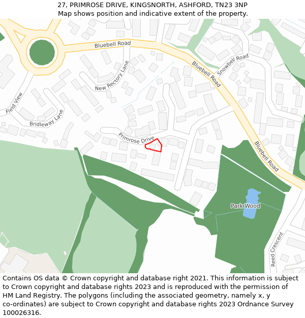 27, PRIMROSE DRIVE, KINGSNORTH, ASHFORD, TN23 3NP: Location map and indicative extent of plot