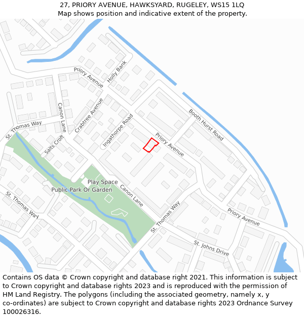 27, PRIORY AVENUE, HAWKSYARD, RUGELEY, WS15 1LQ: Location map and indicative extent of plot