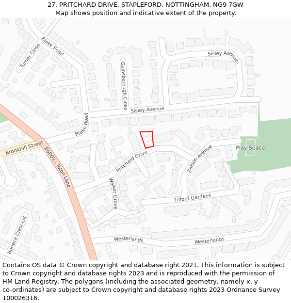 27, PRITCHARD DRIVE, STAPLEFORD, NOTTINGHAM, NG9 7GW: Location map and indicative extent of plot