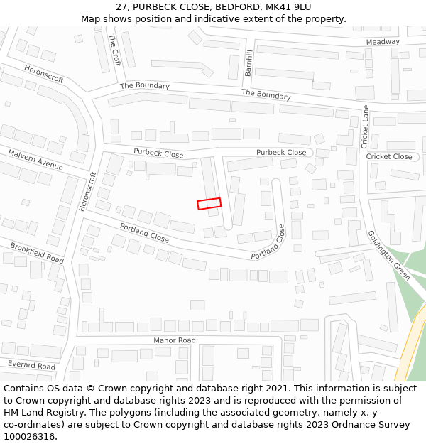 27, PURBECK CLOSE, BEDFORD, MK41 9LU: Location map and indicative extent of plot