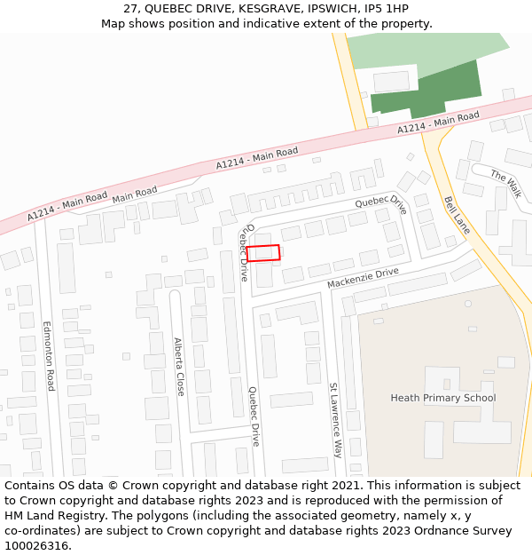 27, QUEBEC DRIVE, KESGRAVE, IPSWICH, IP5 1HP: Location map and indicative extent of plot