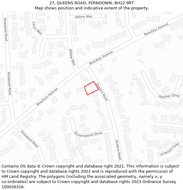 27, QUEENS ROAD, FERNDOWN, BH22 9RT: Location map and indicative extent of plot