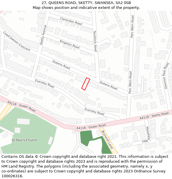 27, QUEENS ROAD, SKETTY, SWANSEA, SA2 0SB: Location map and indicative extent of plot