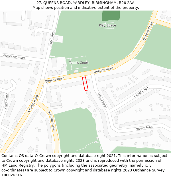 27, QUEENS ROAD, YARDLEY, BIRMINGHAM, B26 2AA: Location map and indicative extent of plot