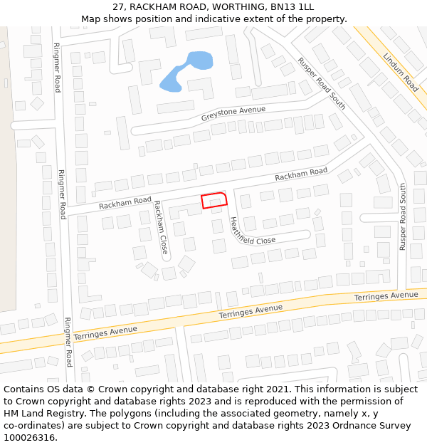 27, RACKHAM ROAD, WORTHING, BN13 1LL: Location map and indicative extent of plot