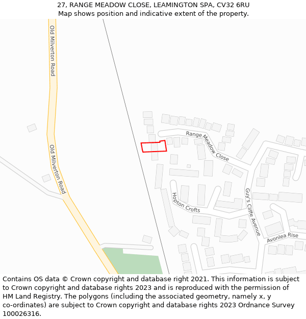 27, RANGE MEADOW CLOSE, LEAMINGTON SPA, CV32 6RU: Location map and indicative extent of plot