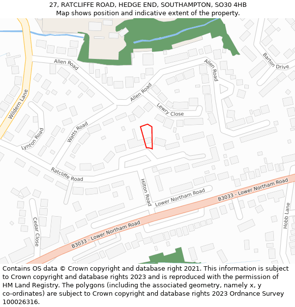 27, RATCLIFFE ROAD, HEDGE END, SOUTHAMPTON, SO30 4HB: Location map and indicative extent of plot