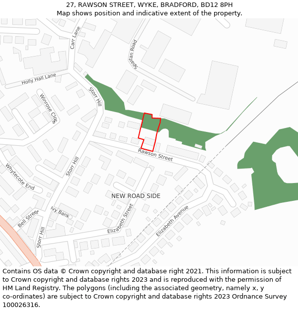 27, RAWSON STREET, WYKE, BRADFORD, BD12 8PH: Location map and indicative extent of plot